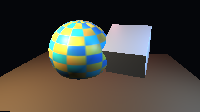 GPU-rendered test scene with a textured sphere and lit geometric object