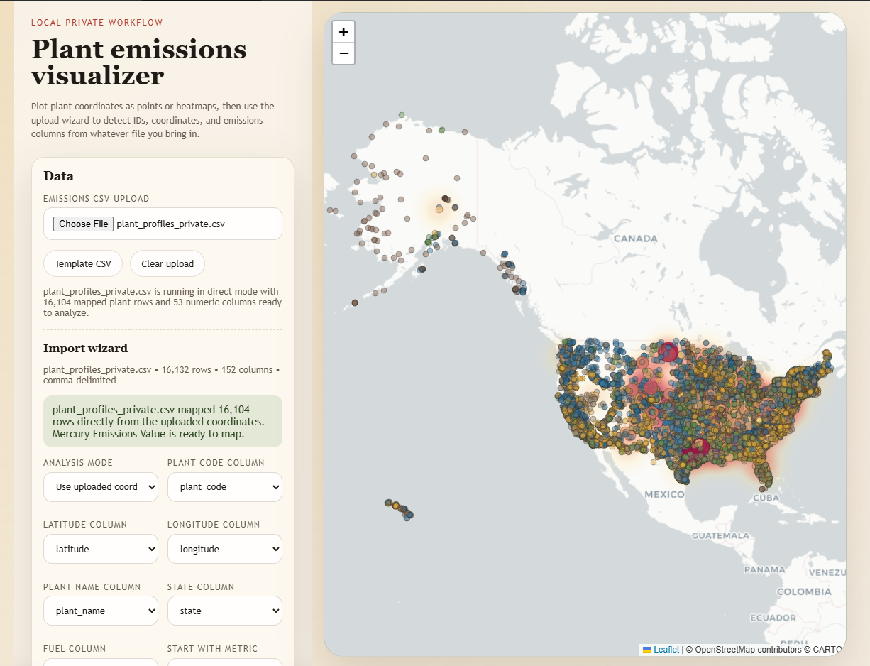 Plant emissions data visualizer mapping United States facilities and uploaded records