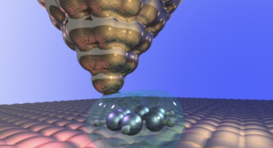Illustration of a scanning microscope probe above a molecule on an atomic surface