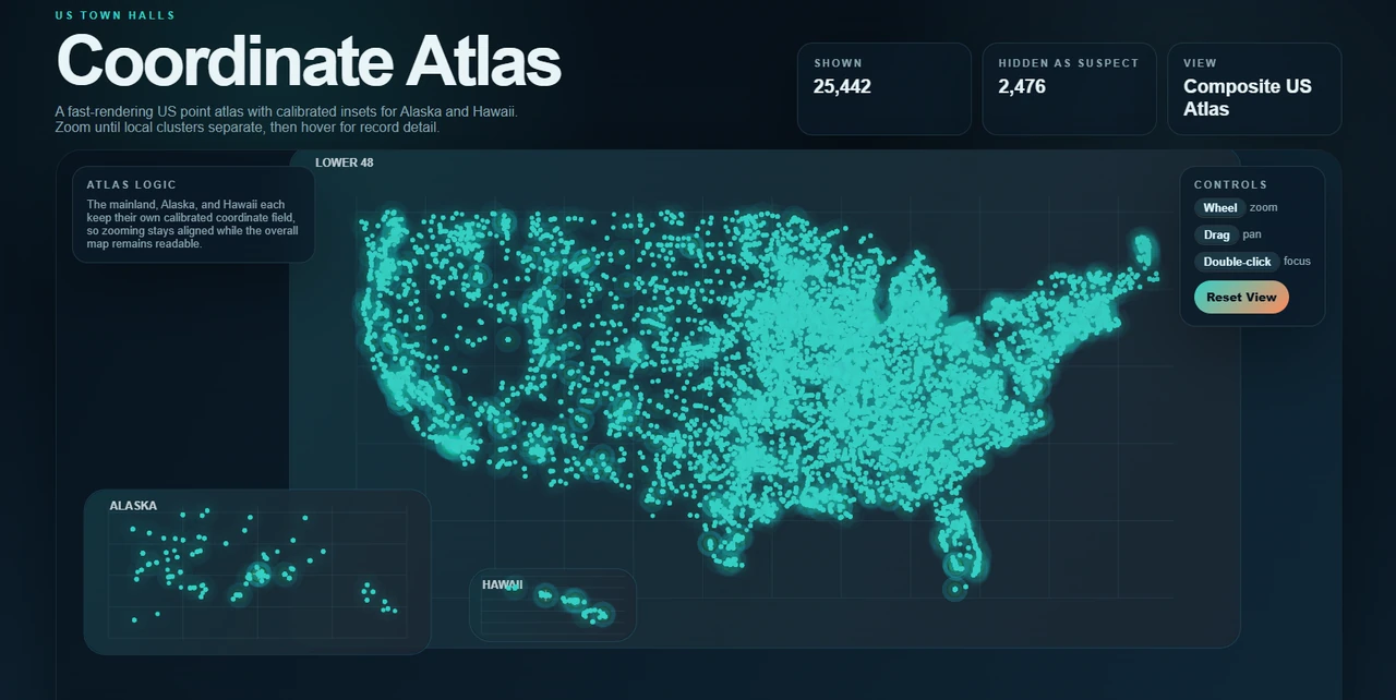 US Town Halls Coordinate Atlas interface showing municipal points across the United States
